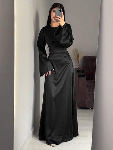 Woochic robe à manches longues col en rond à lacets taille cintrée noir S